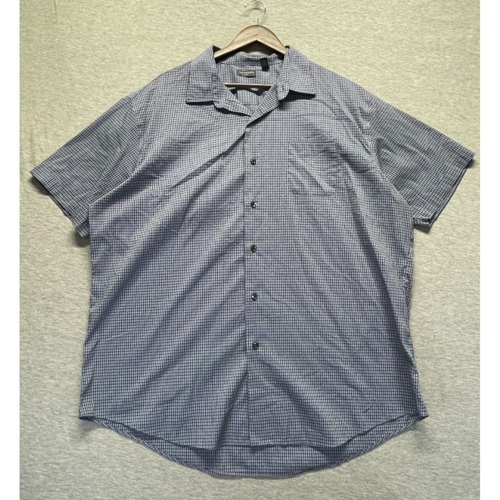 Van Heusen Flex Dress Shirt Men 2XL 18-18.5 Blue Gray Micro Gingham Check Cotton